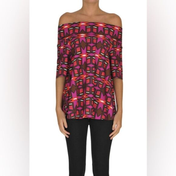 ASPESI Printed Cotton Geometric Off The Shoulder Blouse Red Pink Size 40 = US 4 - Picture 1 of 12